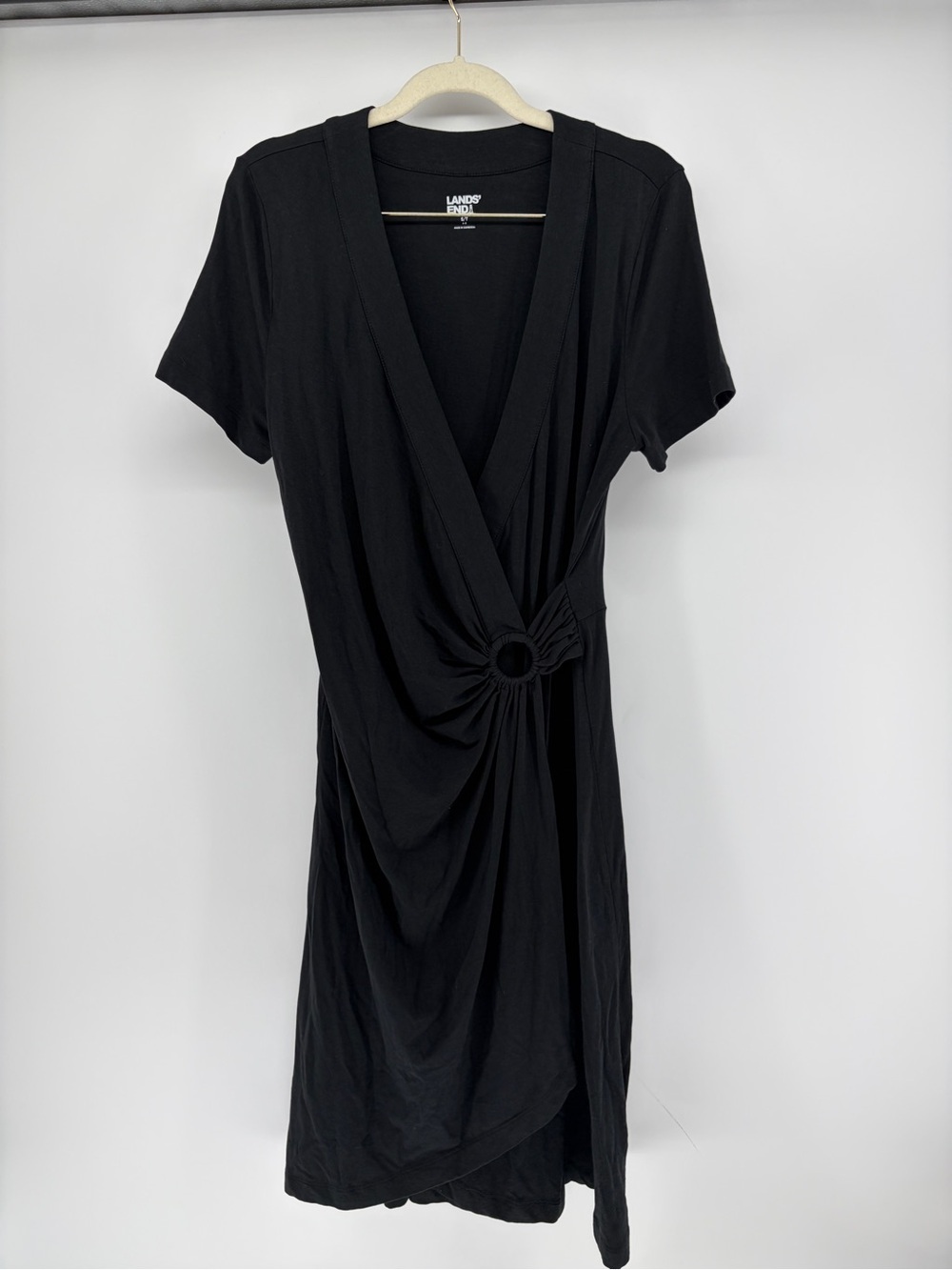 Lands' End Gathered Waist Short Sleeve Dress with Ring Detail Small Tall Black